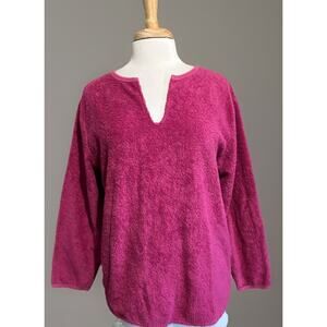 Hot Cotton Womens M 100% Cotton V-Neck Sweater Hot Pink Terry Cloth Casual